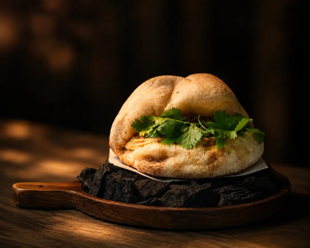 A filled bun served on charcoal, Shaffa GastroBazar, Balangan, Bukit