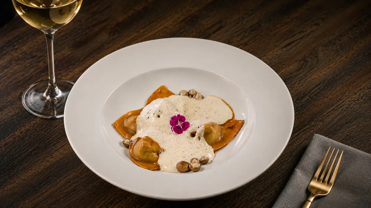Smoked beef ravioli with marinated mushrooms and parmesan mousse, Shaffa GastroBazar, Balangan, Bukit