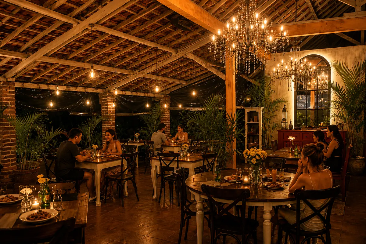 The dining room at night under the chandelier, Shaffa GastroBazar, Balangan, Bukit