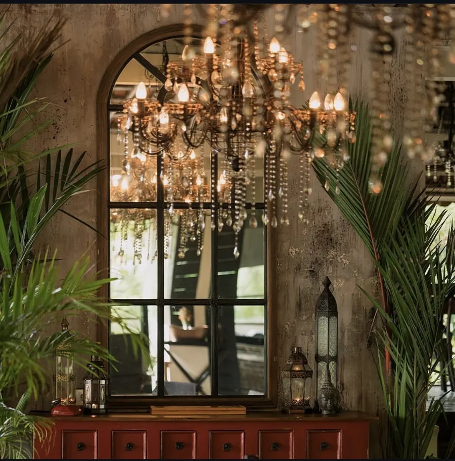 The red dresser and lanterns under the chandelier at dinner, Shaffa GastroBazar, Balangan, Bukit